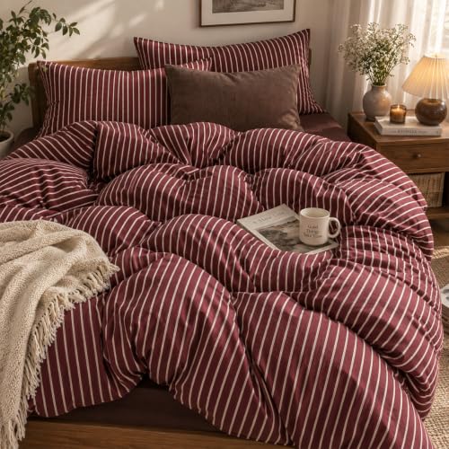 Lanqinglv Aesthetic Bettwäsche 135x200 Rot Gestreift aus Microfaser | ÖKO-TEX Zertifiziert,Herbst Bettwäsche für Allergiker,Streifen Bettbezug mit Reißverschluss und 1 Kissenbezug 80x80 cm