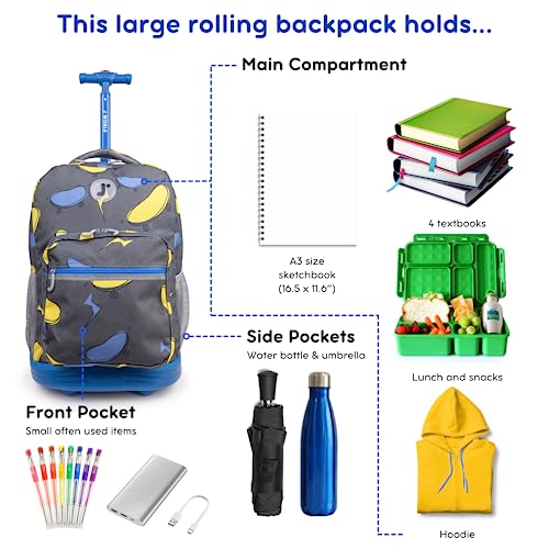 Image of J World Sunrise Kids Rolling Backpack with Wheels for Girls Boys, Roller Bookbag for School, 18 x 13 x 9 Inches, Liteboard