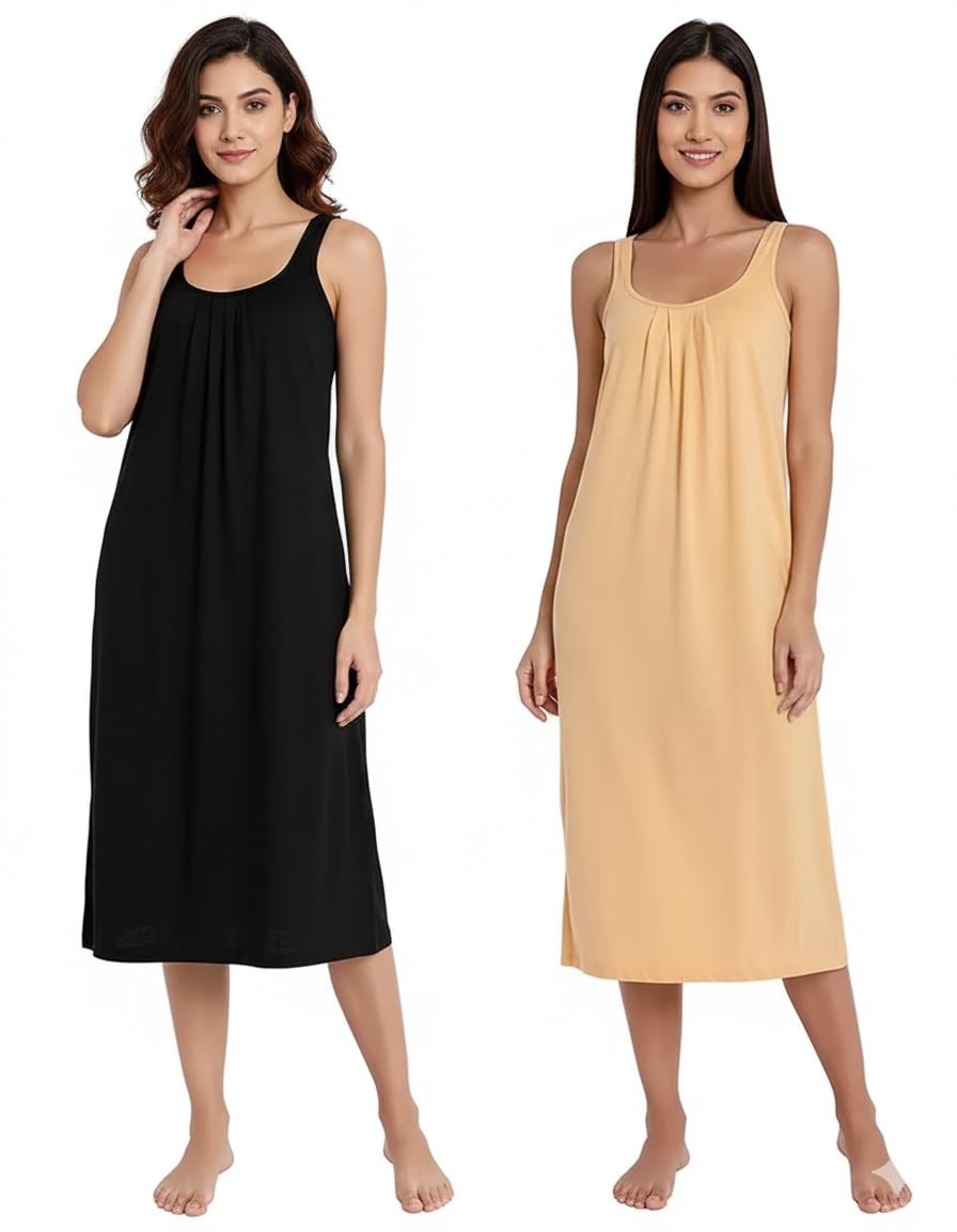 Cotton Full Length Long Camisole for Women - Long Innerwear Petticoat - Plus Size Nighty - Kurti Slip - Suit Slip - Cream Gold Black Color