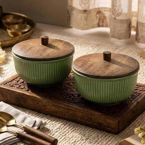 Image of The Earth Store Ceramic Bowl Set of 2 with Lid (550ML Each) Green Fringe Design | Microwave Safe Bowl Set | Multipurpose Snack Bowl for Serving, Storage, Office & Home