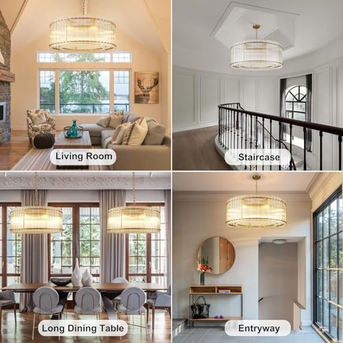 Image of 37 inch Modern Gold Round Chandelier,2-Tier 8-Light Water Ripple Crystal Glass Chandeliers,for Dining Room,Living Room,Bedroom,High Ceiling,Foyer Entryway,Luxury Chandelier