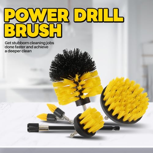 Image of 6Pcs Drill Brush Cleaning Kit with Extendable Rod, Yellow Power Scrubber Attachments for Shower, Tub, Tile, Grout, Kitchen and Car (Yellow-6pcs)