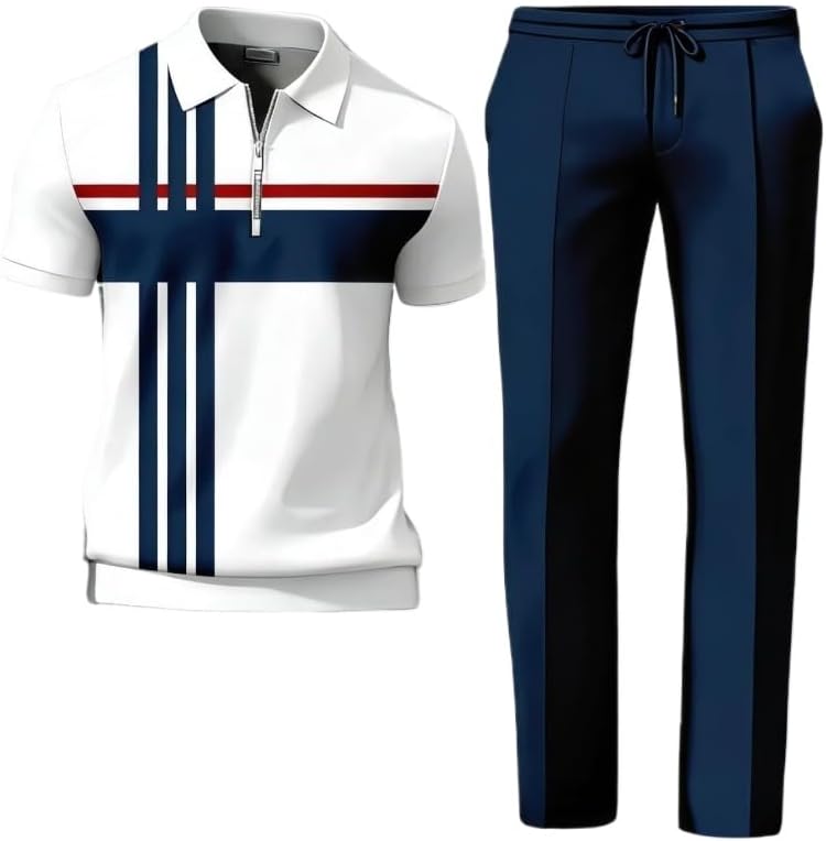 Men's fashion summer half zipper lapel short sleeved pants two-piece set casual golf jogging sportswear set