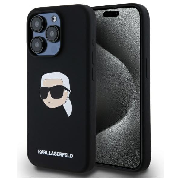 CG Mobile Karl Lagerfeld KLHMP15XSKHPPLK Coque pour iPhone 15 Pro Max 6,7 Pouces, Noir, Impression tĂŞte de Karl en Silicone sous Licence, Compatible avec MagSafe