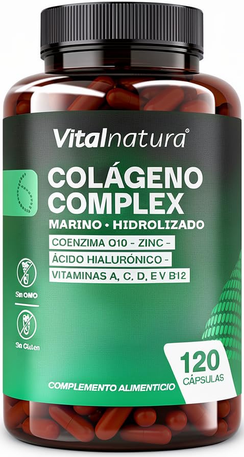 Colágeno Marino Hidrolizado 120 Cápsulas con Ácido Hialurónico, Coenzima Q10, Vitaminas A C E D3 B12 y Zinc – Elasticidad de la Piel, Arrugas, Cabello, Uñas y Apoyo Articular – Vitalnatura