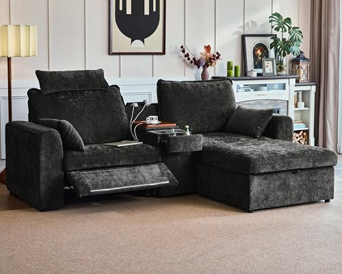 Image of 102.8'' Loveseat Power Recliner Sofa with Headrest, Oversized Cloud Modular Sectional Couch with Table, Drawer, Charging, 3-Seater with Storage Ottoman for RV Home Theater, Chenille, Black