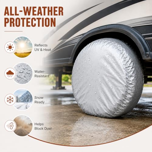 Image of Tire Covers 4 Pack, 30-32 Inch Waterproof Tire Covers for RV Camper Trailer | Protect RV tires from sun damage, cracking, dust, and weather during storage with durable covers featuring secure straps