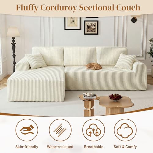 Image of 110 inch L Shaped Boneless Sectional Couches for Living Room, Comfy Corduroy Floor Cloud Sofa with Chaise, Wide Armrest, Deep Seat, Memory Foam, Assembly Free, Ideal for Small Spaces, Beige