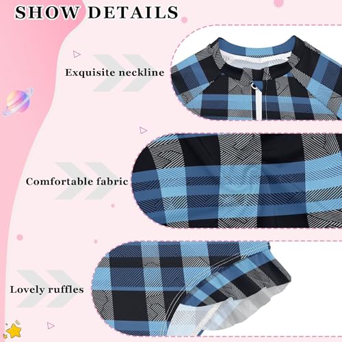 Blue Buffalo Check Plaid Girls Long Sleeve Rashguard Swimsuit UV Protection One-Piece Swimwear B04039524