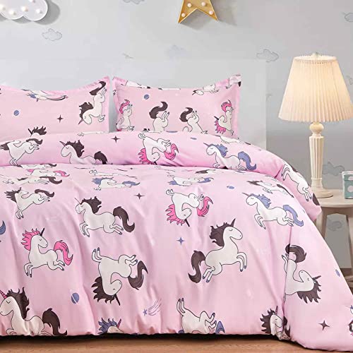 Nanko Full Size Duvet Cover Set, Girls Pink Unicorn/Stars Print Pattern, Microfiber Comforter Preppy Quilt Bedding Cover With Zip Ties - Modern Cute Bed Sets For Women Teen, 3Pc 80X90 Inch #TOP9