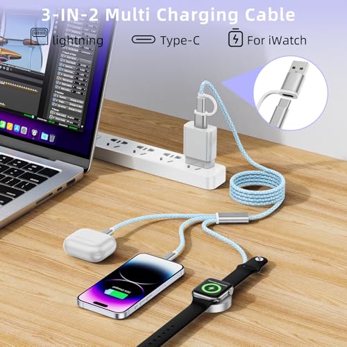 2Pack 3 in 1 USB-C Charging Cable, iWatch & iPhone Multi Charger Cord, Travel Nylon Braided Cord for iWatch Ultra/10-1, iPhone 17-8, AirPods, Galaxy S25-20 & More, 4FT