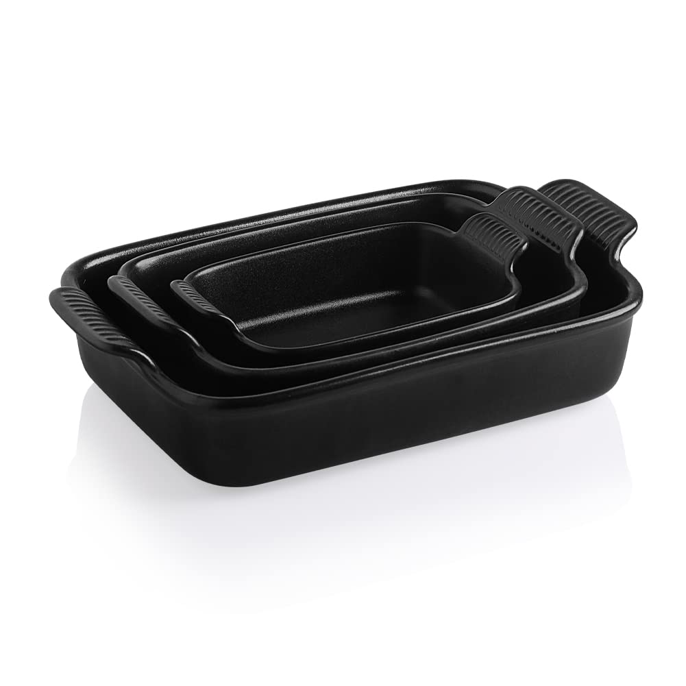 Sweejar Baking Pans Set, Ceramic 9x13 Baking Dish with Handle, Rectangular Casserole Dishes for Oven, Bakeware Sets of 3, Durable Lasagna Pan Deep for Kitchen, Banquet, Wedding Gift(Black)