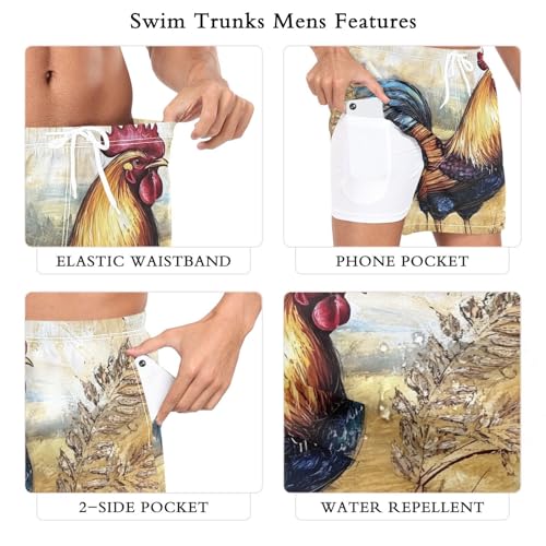 Mens Swim Trunks with Liner, Rooster Farm Vintage Cool Quick Dry Beach Swim Shorts, Swimwear Bathing Suits S3