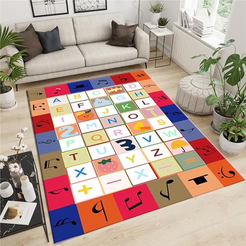 Srocvi Education Learning Rug Colorful Musical Number Symbols and ABC English Letters Decorate Carpet Baby Crawling Mats with Anti-Skid Rubber Backing for Classroom Home Learning Area Office, 5x7ft