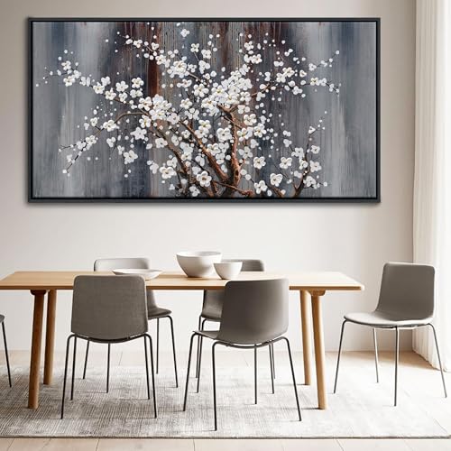 Image of Wall Art for Living Room Large Modern Wall Decor Canvas Paintings for Wall Decorations White Flower Brown Bedroom Office Artwork Plum Blossom Art Prints Framed 29x58IN