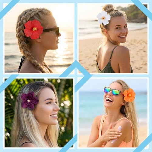 Ouligay 8 PCS Pinzas para el Cabello con Flores Hawaiianas, Clips de Flores Artificiales Plumeria Hibiscus 3.5 Pulgadas Boho Accesorios de Playa para Mujeres y Niñas miniatura 5