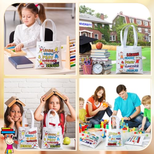 Image of 36 Pcs Religious Tote Bags Bulk for Kids Christian Learn Grow Pray Together with Jesus Gift Tote Christian Canvas Bags for Sunday School Church Classroom Prizes Party Favors Supplies Gift