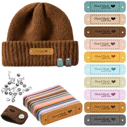 30pcs Handmade Leather Labels Handmade Tags for Crochet Microfiber Colorful Leather Labels with Love Hearts Leathers Tags for Handmades Items Embossed Crochet Tag with 30 Rivets Holes for DIY Craft
