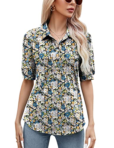Micoson Womens Blouses Dressy Casual Short Sleeve Button Down Collared Polo Shirt Loose Tunic 2023 Summer Tops