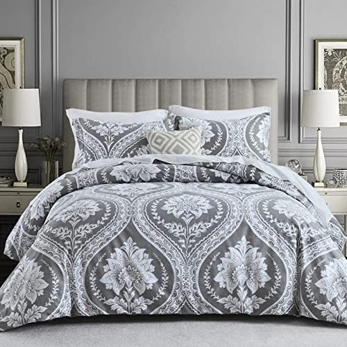 Cotton Duvet Cover Queen Size - 100% Cotton 400TC Gray Floral Damask Paisley Pattern Comforter Cover Set, 3 PCS Bedding Set, 1 Duvet Cover 90 x 90 Inches and 2 Pillow Shams (No Comforter)
