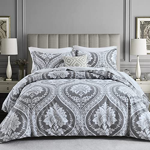 Cotton Duvet Cover Queen Size - 100% Cotton 400Tc Gray Floral Damask Paisley Pattern Comforter Cover Set, 3 Pcs Bedding Set, 1 Duvet Cover 90 X 90 Inches And 2 Pillow Shams (No Comforter) #TOP4