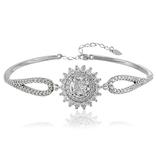 925 Sterling Silver Fancy Flower Bangle With White CZ For Women