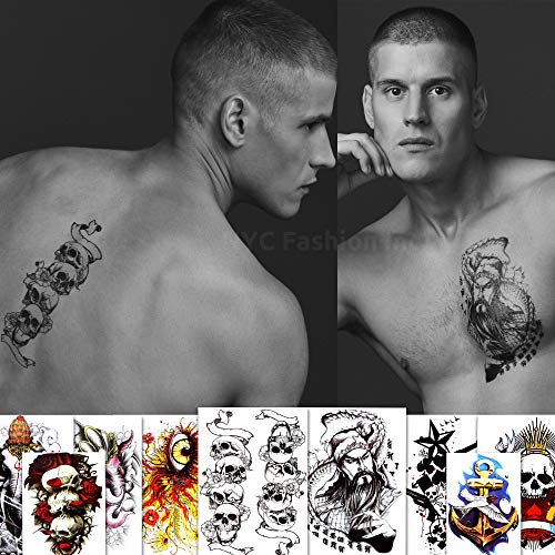 9 Large Cool Temporary Tattoos - For Men, Adults and Teens - Skull, Elephant, Eyes and More Body Art - Tattoos for Arms Legs Shoulders or Back