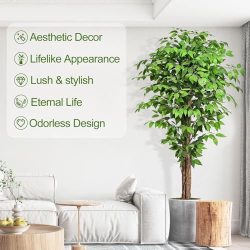 Image of 6.2ft Ficus Artificial Trees with 3 Natural Curved Trunks, 74 inch Tall Lush Faux Tree for Home Decor Indoor, Green Lifelike Fake Ficus Tree Plants (Set of 2)