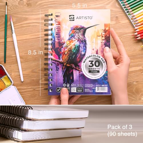 Artisto Watercolor Pads 5.5x8.5”, Pack of 3 (90 Sheets), Spiral Bound, Acid-Free Paper, 140lb (300gsm), Perfect for Most Wet & Dry Media, Ideal for Beginners, Artists & Professionals - Image 3