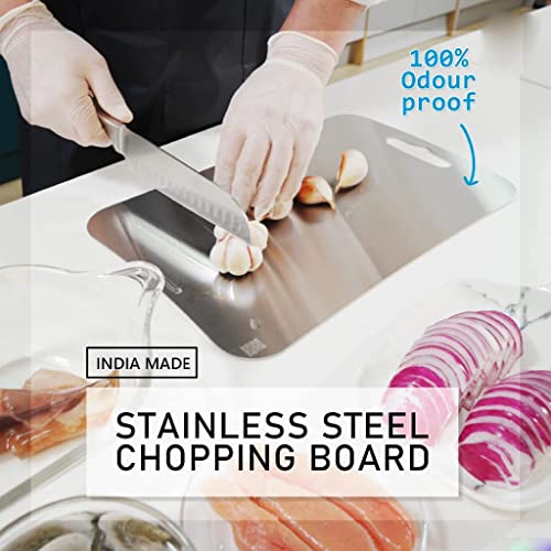 Image of Herrlich Homes Rectangular Stainless Steel Cutting-Chopping Kneading Board for Kitchen |Chopping Board for Cutting Vegetables, Meat, Fish, Fruits |Unbreakable | Easy to Clean | Large || 34.5 X 24.5 cm
