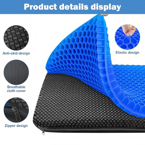 Image of Large Gel Cushion, Double Layer Thickened Orthopedic Seat Cushion with Non-Slip Fabric Cover, Breathable Chair Cushion, Suitable for Office Chairs, Wheelchairs and Car Seats (Azure Blue, 47*44*3.5)