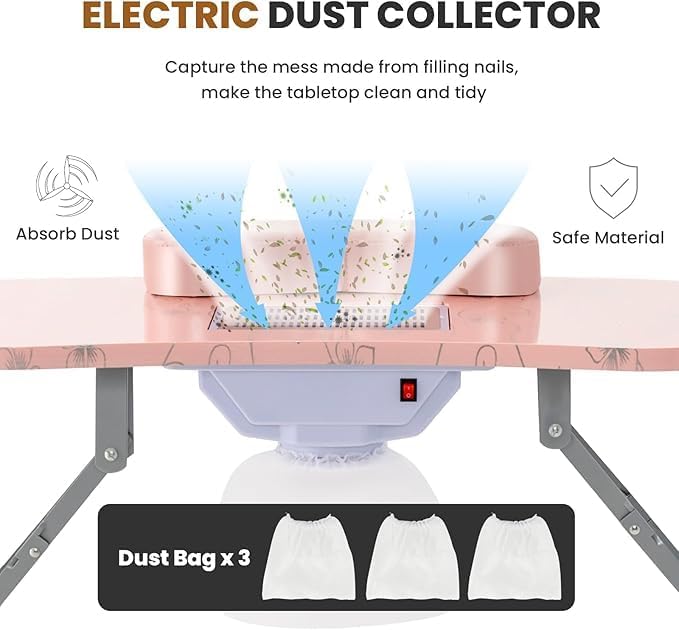 Nightcore Nail Table, Portable Nail Table with Bendable LED Light & Tote Bag, Foldable Nail Table with Electric Dust Collector & 4 Lockable Wheels, Nail Salon Table with Removable Hand Mat (Pink)