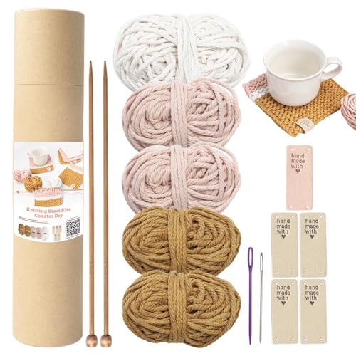 Huitrcrio Debutan - Kit per uncinetto sottobicchieri, kit per lavori a maglia per principianti adulti, completo con ferri da maglia e gomitoli di lana per maglieria, sottobicchiere accessori