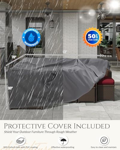 Image of U-MAX 7 Pieces Patio Furniture Set with Waterproof Cover, Outdoor Sectional Sofa Conversation Set, All Weather Wicker Rattan Dining Table & Chair with Ottoman, Brown Rattan&Wine Red Cushion