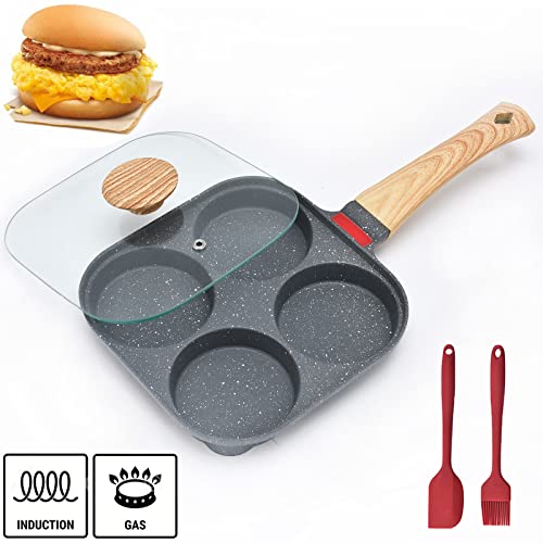 Image of Fried Egg Pan, Egg Frying Pan with Lid Nonstick 4 Cups Pancake Pan Aluminium Alloy Cooker for Breakfast(Black)