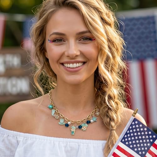 Image of Madison Tyler 4th of July Necklace for Women | American Statue of Liberty Heart Star Uncle Sam Hat USA Bead Pandent Necklace | Independence Day Patriotic Earring Necklace Jewelry Set