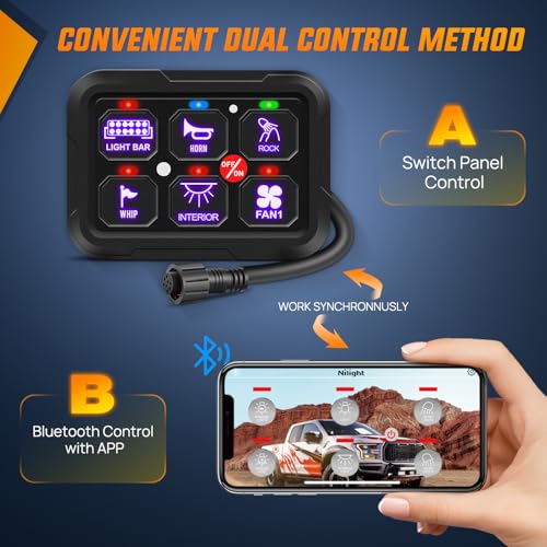 Image of Nilight 6 Gang Switch Panel Relay System w /APP Control Automatic Dimmable | RGB Backlight Panel Circuit Control 2-side Output Fuse Wiring Harness ON Off LED Switch Pod for 12V 24V Car Truck Camper SUV
