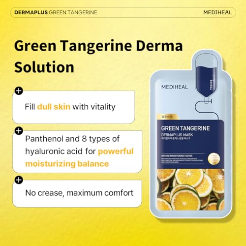 Image of MEDIHEAL Dermaplus Green Tangerine Mask (10 Counts) - Daily Vegan Mask for Toning Skin with Panthenol & Hyaluron, Korean Self Skin Care Sheet Mask
