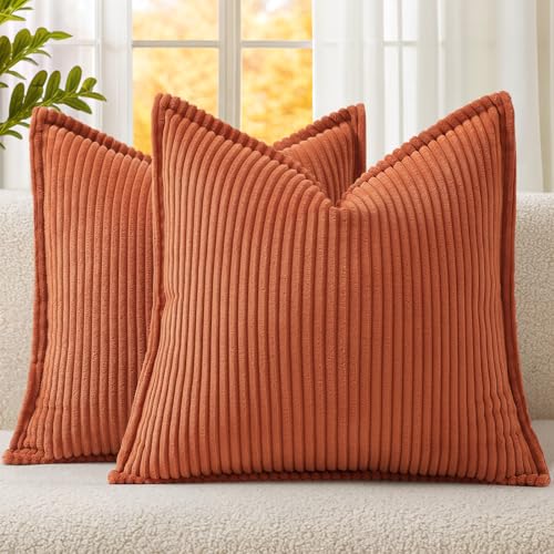 Mecatny Corduroy Fall Throw Pillow Covers 18x18 Set of 2, Neutral Decorative Soft Burnt Orange Boho Couch Pillow Covers with Broadside for Sofa Living Room, Rust