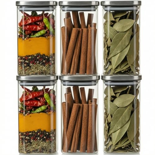 Image of ginoya brothers Airtight Borosilicate Glass Square Jar With Wooden Or Steel Lid Multi-Size, Container for Spices, Coffee, Grains, Snacks & Kitchen Organization (6, STEEL LID, 420 ML)