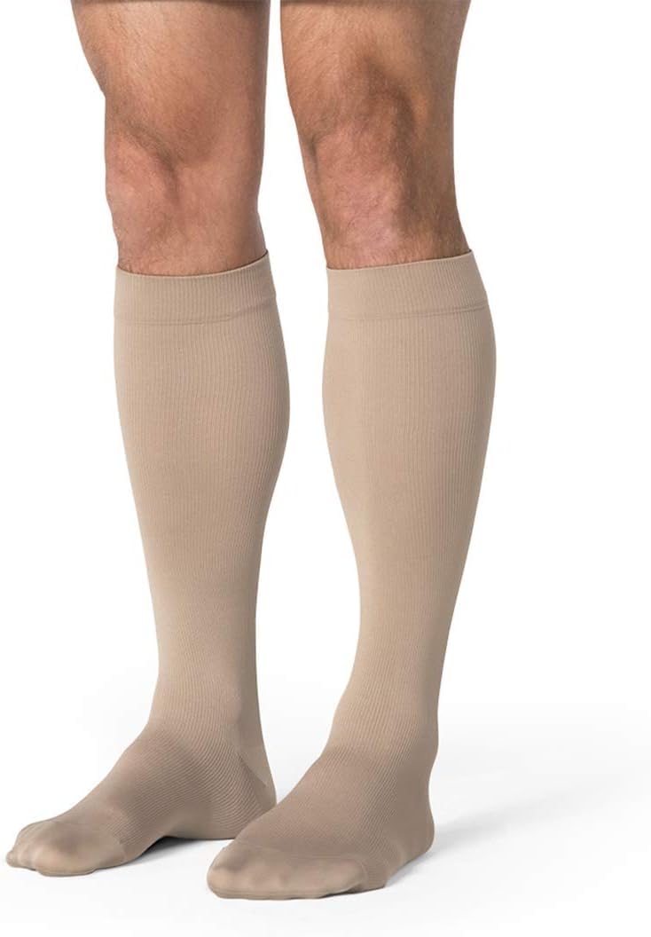 SIGVARIS Men’s Essential Opaque 860 Closed Toe Calf-High Socks 20-30mmHg - Light Beige - Large Long