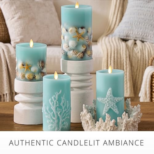 Image of Luminara Embossed Starfish Flameless LED Candle Moving Flame Pillar Unscented Real Wax with Recessed Edge - 3 inch x 6.5 inch (Soft Teal)