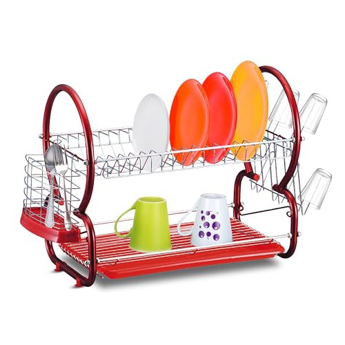AKH 2-Tier Stainless Steel Dish Drainer Rack with Cutlery Holder, Cup Holder & Drip Tray - Rust-Free Draining board rack, Compact Kitchen Sink Drainer Rack for Plates, Bowls & Utensils (Red)