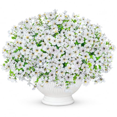 QSPEROV Artificial Flowers for Outdoors UV Resistant 12 Bundles Realistic Faux Daisy with Eucalyptus Leaves Fake Plants for Porch Patio Planter Garden Decoration (White)