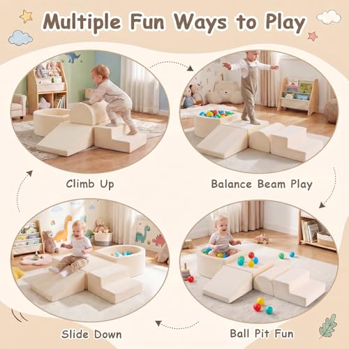 Image of Tiita Baby Climb and Crawl Playset 5-Piece with Small Ball Pit | Foam Climbing Blocks for Toddlers with Removable Washable Cover, Indoor Soft Play Climber, Beige