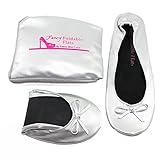 Women's Ballet Flats - Foldable Flats WITH EXPANDABLE TOTE BAG - Great for Weddings Brides Bridal Parties, Bridesmaid Shoes, Expandable Tote Bag for Carrying High Heels -Fancy Flat SILVER shoes - Best PORTABLE Travel SHOES fold up ballet shoes (Medium = 7 up to 8)