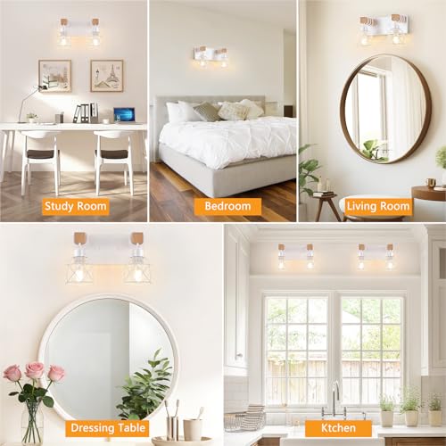 Image of FadimiKoo 2-Light White Bathroom Light Fixtures, Wood Bathroom Vanity Lighting Fixtures Over Mirror, Rustic Sconces Wall Lighting with Elegant Metal Lampshade for Living Room, Bedroom, Hallway