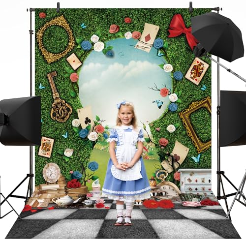 Newsely Wonderland Green Fence Tea Backdrop 5Wx7H Photography Fairy Tale Checkerboard Grass Key Kids Floral Plant Background for Baby Shower Party Decorations Banner Photo Booth Props Supplies