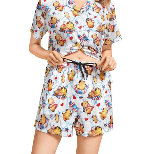 Image of Funny Pajamas for Women Set Print Satin Loungewear Pjs Short Sleeve Button Down Top and Shorts Sets Sleepwear XS-3XL