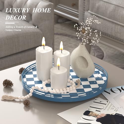 Image of Premium Rubber Wood Lazy Susan Turntable, Blue White Checkerboard Decorative Serving Tray, Hand-Welded Metal Railing, Stable Rotating Organizer for Dining Table, Kitchen Counter, Coffee Table Decor